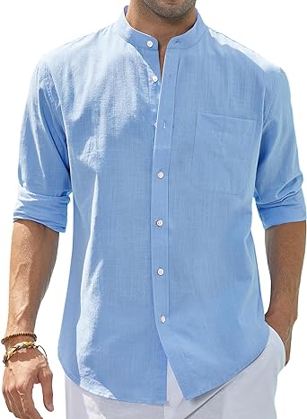 Photo 1 of J.VER Men's Cotton Linen Long Sleeve Shirts Casual Button Down Banded Collar Shirt Beach Summer Tops with Pocket (LARGE)