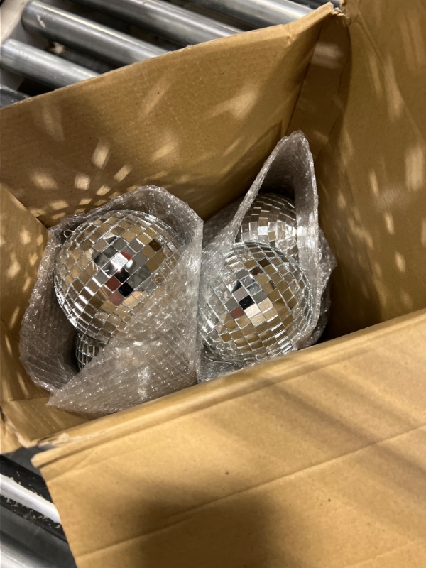 Photo 3 of 12 Pack 4 Inch Mirror Disco Ball Decorations Small Silver Hanging Ornaments Reflective with Attached String for Ring DJ Stage Lighting Effect for Christmas School Festival Fun 50s 60s 70s Party Decor