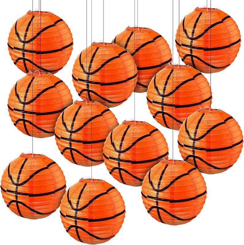Photo 1 of 12 Pieces Basketball Paper Lanterns Party Decorations 8 Inch Hanging Basketball Decorations Paper Ceiling Basketball Decor Basketball Centerpieces for Table Sports Themed Birthday Party Supplies