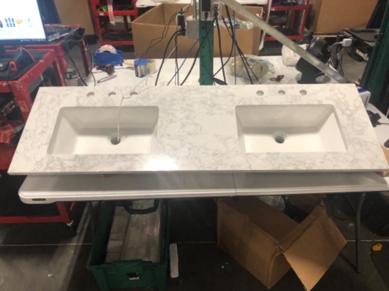 Photo 2 of  Vanity Top with Under Mount Rectangle Double Bowl Ceramic Sinks, Engineered Marble Stone, 4" CC Faucet Holes, 60"X19"