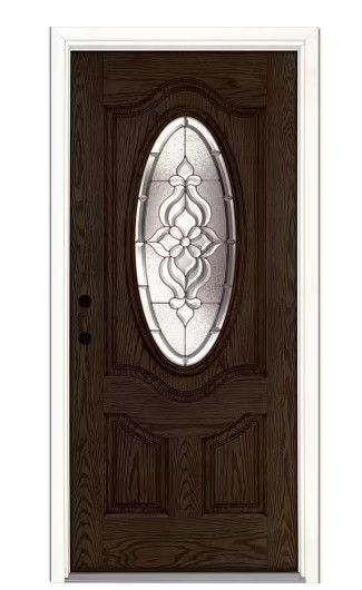 Photo 1 of 37.5 in. x 79.5in. Lakewood Zinc 3/4 Oval Lite Stained Walnut Oak Right-Hand Inswing Fiberglass Prehung Front Door