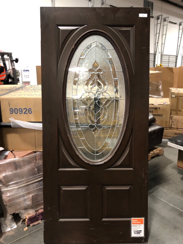 Photo 2 of 37.5 in. x 79.5in. Lakewood Zinc 3/4 Oval Lite Stained Walnut Oak Right-Hand Inswing Fiberglass Prehung Front Door