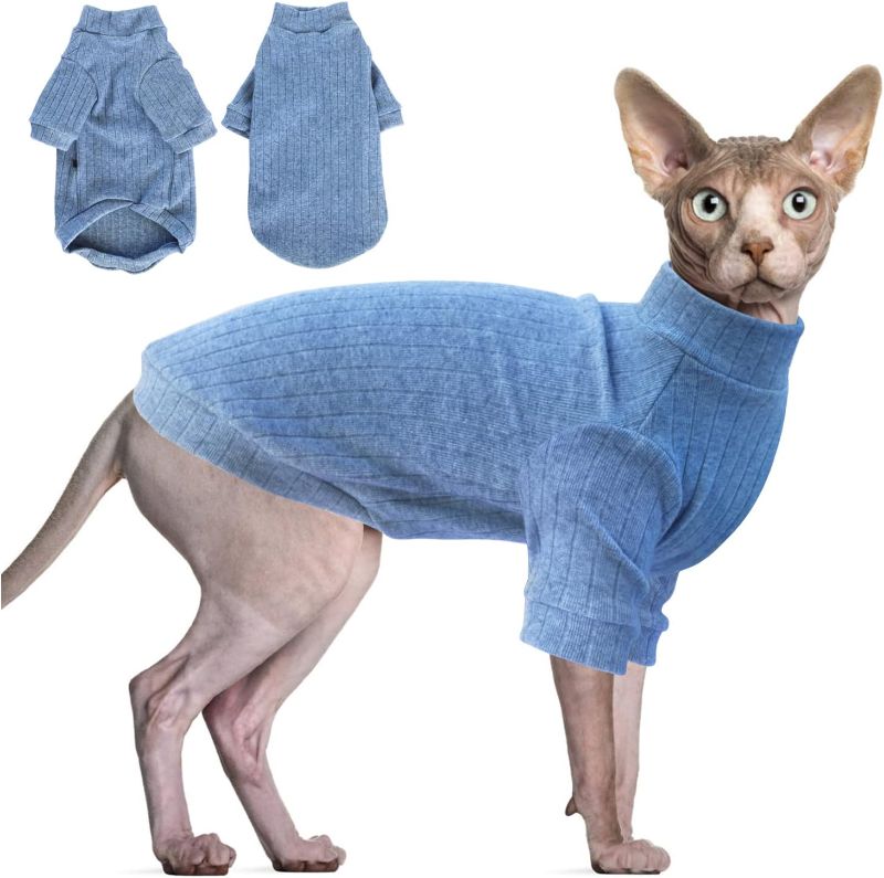 Photo 1 of Idepet Sphynx Hairless Cats Sweater Shirt Kitten Soft Puppy Clothes Pullover Cute Cat Pajamas Jumpsuit Cotton Apparel Pet Winter Turtleneck for Cats and Teacup Chihuahua Small Dogs(Blue,XXL)