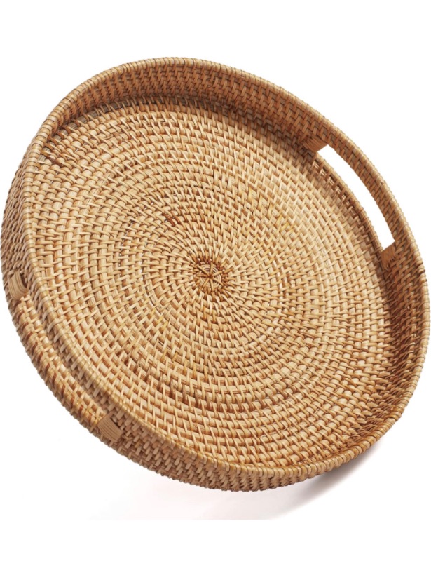 Photo 1 of Coffee Table Tray Round Rattan Ottoman Tray Woven Serving Trays with Handles for Home and Kitchen Decorative Natural (Large 14 inch x 2.8 inch)
 
