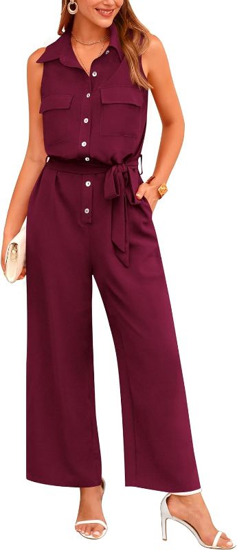 Photo 1 of  Womens Sleeveless Button Up Belted Long Pants Rompers (xl)