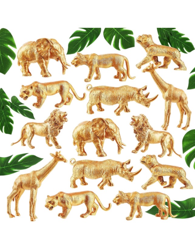 Photo 1 of 15 Pieces Gold Animals Figures Toys Set 14 Pcs Plastic Safari Figures 12 Pcs Faux Tropical Palm Leaves Kids Birthday Cake Topper (Safari Animal)