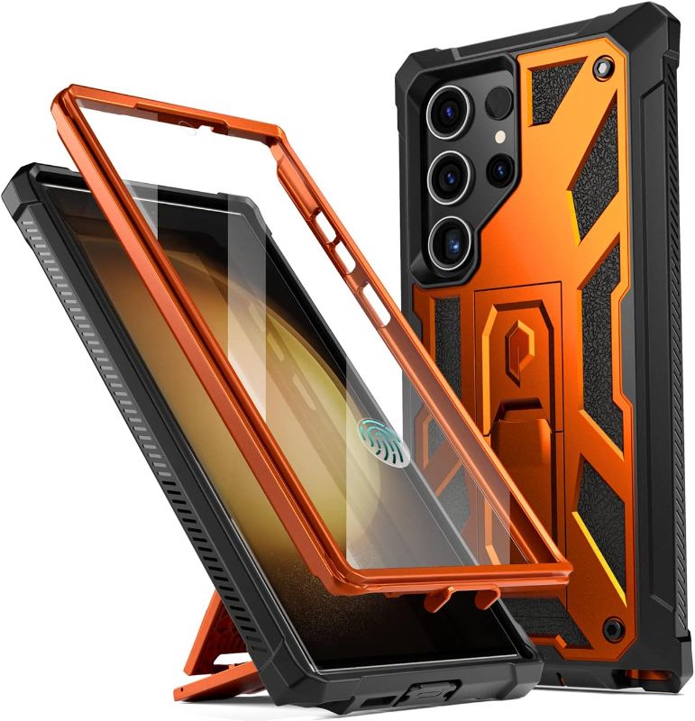 Photo 1 of Poetic Spartan Case for Samsung Galaxy S23 Ultra 5G 6.8 inch, Built-in Screen Protector Work with Fingerprint ID, Full Body Rugged Shockproof Protective Cover Case with Kickstand, Metallic Orange