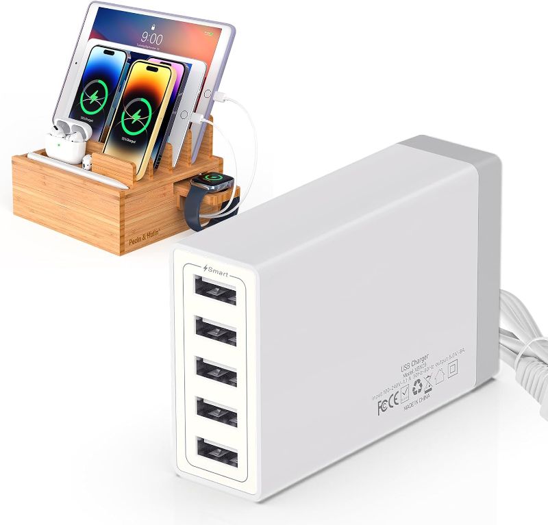 Photo 1 of 5 Port USB Wall Charger Hub, 40W 8A, Desktop USB Charging Station for Multiple Devices, Multi Ports USB Charger for Phones, Tablets and More 5-Port Charger HUB