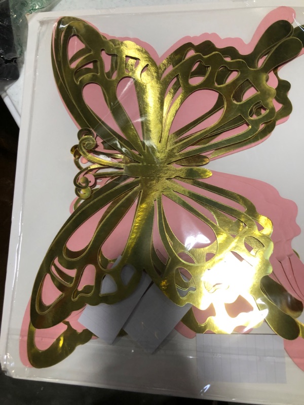 Photo 2 of 12 Pcs Large Butterfly Party Decoration Paper Butterfly Stickers in 2 Different Size 3D Butterfly Wall Mural Set Giant Butterfly for Birthday Baby Shower Nursery Bedroom Wedding(Gold and Pink)