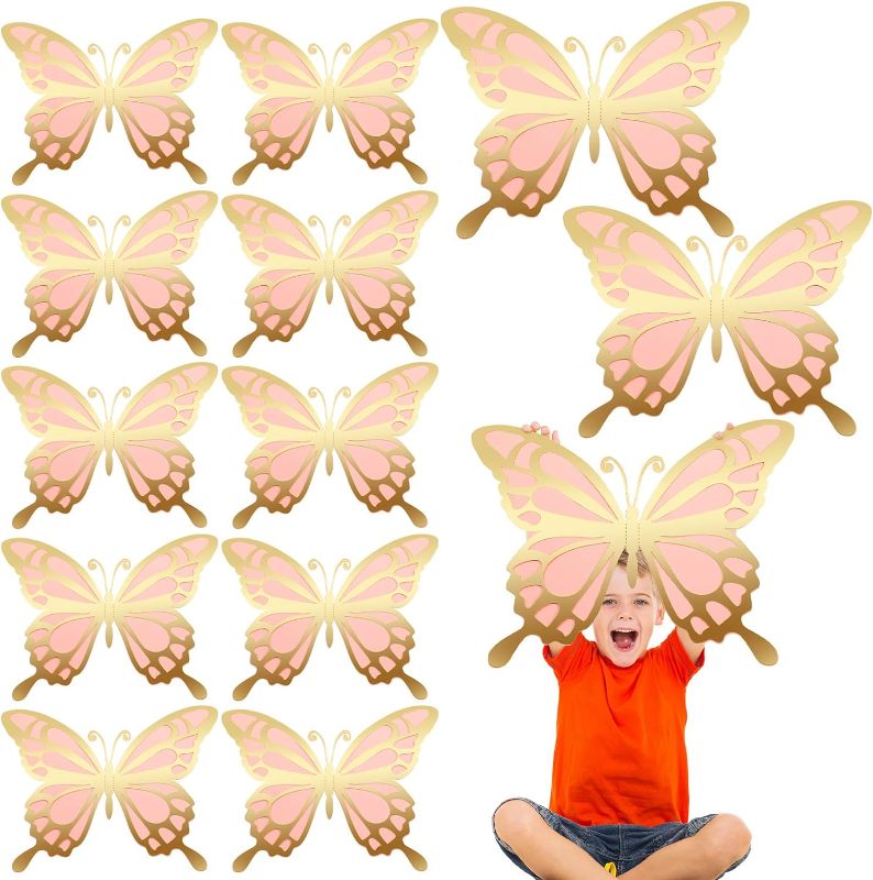 Photo 1 of 12 Pcs Large Butterfly Party Decoration Paper Butterfly Stickers in 2 Different Size 3D Butterfly Wall Mural Set Giant Butterfly for Birthday Baby Shower Nursery Bedroom Wedding(Gold and Pink)