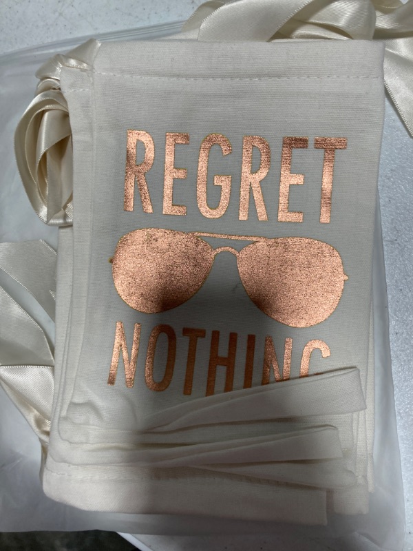 Photo 2 of 10pcs WHITE Wedding Party Favor Bags 5x7 Inch ROSE GOLD Foil “REGRET NOTHING” Bridesmaid Gift Bags for Bridal Shower Bachelorette Hangover Kit Bags Recovery Kit Bags Cotton Muslin Drawstring Bag Gold Glasses