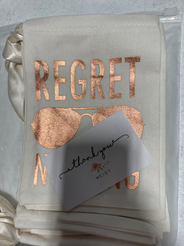 Photo 2 of 10pcs WHITE Wedding Party Favor Bags 5x7 Inch ROSE GOLD Foil “REGRET NOTHING” Bridesmaid Gift Bags for Bridal Shower Bachelorette Hangover Kit Bags Recovery Kit Bags Cotton Muslin Drawstring Bag Gold Glasses