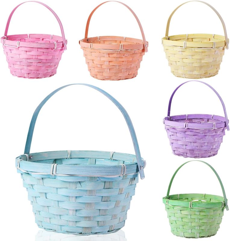 Photo 1 of Easter Woven Bamboo Basket Round Small Woven Basket with Handle Buckets for Easter Egg Hunt Picnic Party Supplies Birthday Decoration(6 Pieces, Lovely)