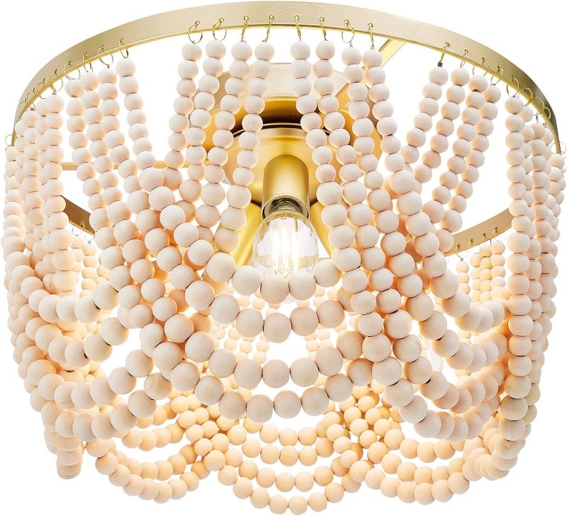 Photo 1 of 3-Light Boho Wood Beaded Chandelier Light Fixture, Gold and Oak Finish Semi Flush Mount Ceiling Light for Nursery Room, Girl Room, Kids Room, Bedroom, Hallway, Entryway, Passway