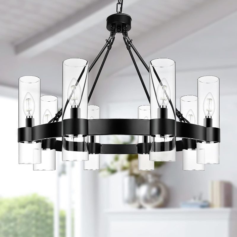 Photo 1 of 8-Light Black Wagon Wheel Chandelier, Modern Farmhouse Glass Lighting Fixture, Round Industrial Hanging Pendant Light for Living Room, Dining Room, Kitchen Island, Entryway, Foyer