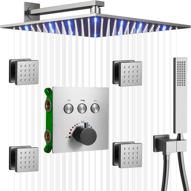 Photo 1 of **MINOR SCRATCHES** 
AYIVG Brushed Nickel Full Body Shower System Wall Mount 12 Inch LED Rain Shower System With 4pcs Body Jets Temperature Display Thermostatic Shower Faucet Fixture Combo Set Can Be Used Simultaneously