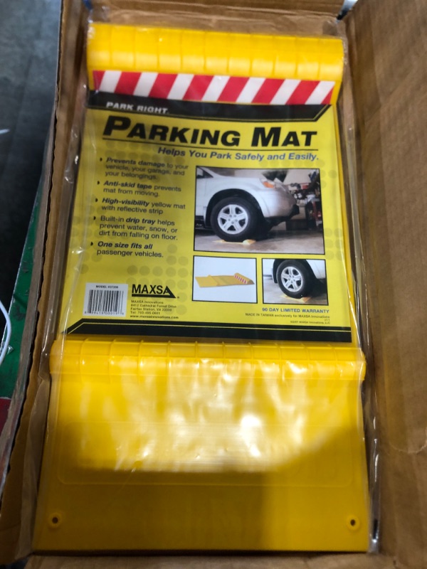Photo 3 of Maxsa 37356-RS Park Right Perfect Parking Self Adhesive Anti-skid Parking Mat for Cars and Trucks, 21" x 11" x 2", Yellow with Reflective Strip 1-Pack Yellow Frustration-Free Packaging