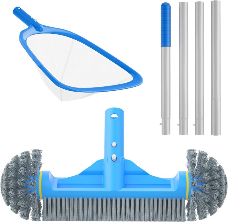 Photo 1 of 12.5'' Pool Brush with Round End & 11'' Pool Skimmer Net Fine Mesh 4.6 Feet Thick Aluminum Pole 4-Segment 3PCS Pool Cleaning Kit for Above Ground & Inground Pools Ponds