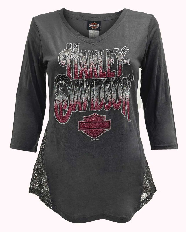 Photo 1 of Harley-Davidson® Women's Rhinestone Paradise 3/4 Sleeve Lace V-Neck Top - Gray