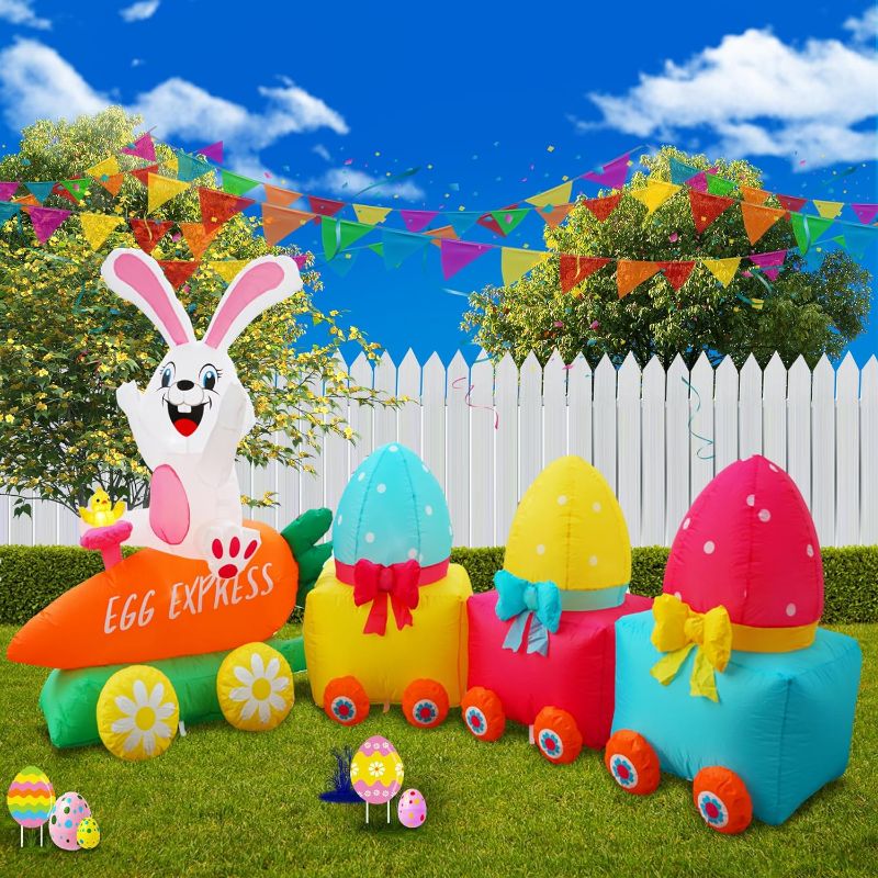 Photo 1 of 11FT Easter Inflatable Train Decoration with Bunny Carrot and Easter Eggs Built-in 6 LED Lights for Easter Blow Up Outdoor Yard Garden Lawn Inflatables Rabbit Decorations