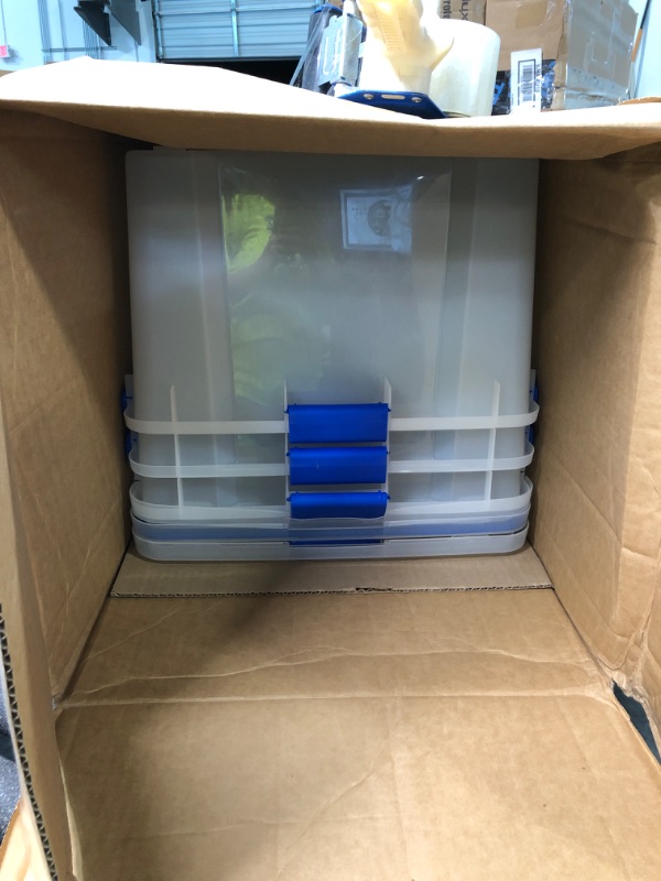 Photo 2 of ***DAMAGED LIDS*** 
IRIS USA 60 Quart WEATHERPRO Plastic Storage Box with Durable Lid and Seal and Secure Latching Buckles, Clear With Blue Buckles, Weathertight, 3 Pack 60 Quart - 3 Pack