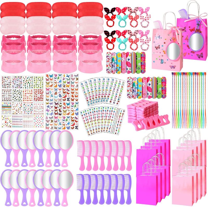 Photo 1 of 176 Pcs Spa Party Supplies for Girls Multiple Spa Party Favors for Kids Pink Braid Clip Eye Mask Mirror Comb Emery Boards Toe Separator Hairband Nail Sticker Butterfly Tattoo Sticker Pink Gift Bags