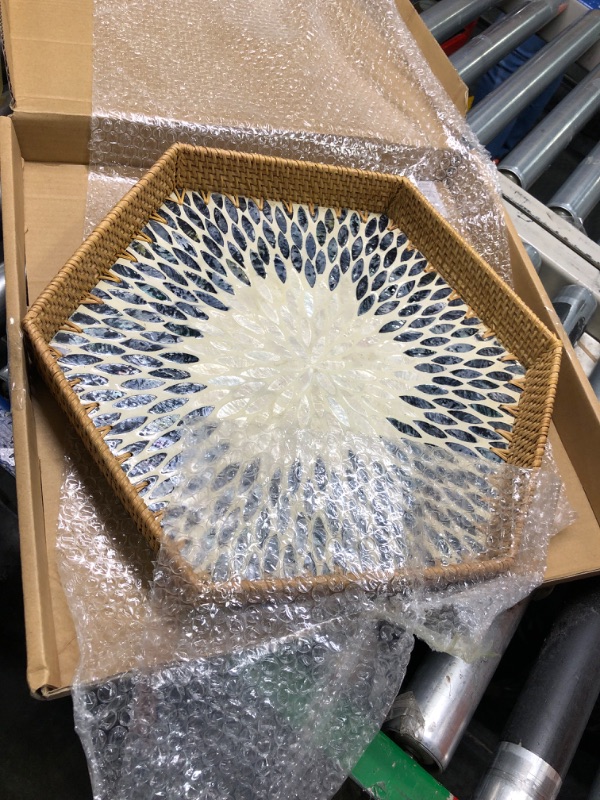 Photo 1 of 17”Extra Large Hexagonal Rattan and MOP Woven Basket Tray, Boho Wicker Coffee Table Serving Basket Décor with 2 Inch Wall, Handmade Hexangular Display Basket for Countertop