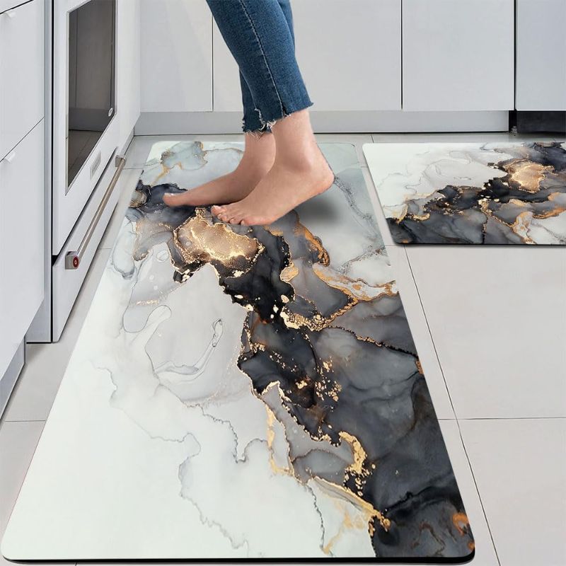 Photo 1 of 2 Pieces Luxury Black and Gold Marble Kitchen Mats PVC Leather Waterproof Non Slip Cushioned Standing Mats Anti Fatigue Kitchen Comfort Mats for Floor,Sink,Laundry,Office 17"x29"+17"x47"