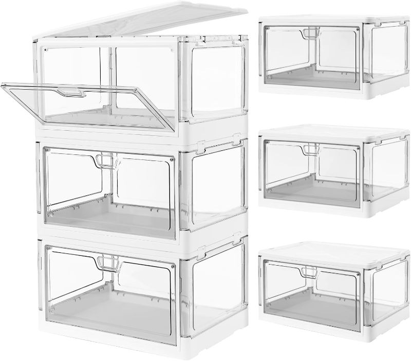 Photo 1 of -Pack Clear Stackable Storage Bins with Lids Magnetic Doors Open Front Foldable Folding Plastic Craft Containers Large Closet Organizers Box for Bedrooms Living Rooms Study Kids' Toys 24 QT