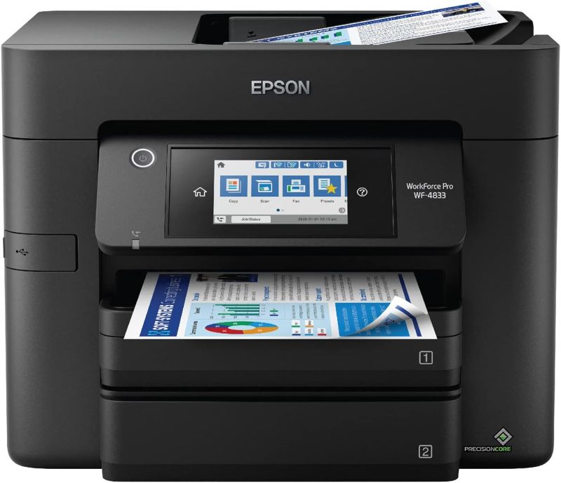 Photo 1 of Epson Workforce Pro WF-4833 Wireless All-in-One Color Inkjet Printer, Black - Print Scan Copy Fax - 25 ppm, 4800 x 2400 dpi, 4.3" Touchscreen, Auto 2-Sided Printing, 50-Sheet ADF, 500-Sheet, Ethernet