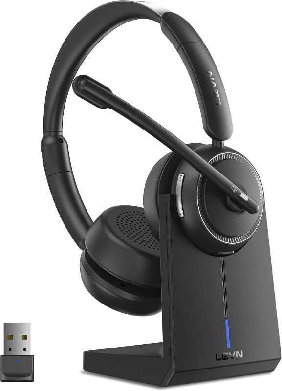 Photo 1 of LEVN Wireless Headset, Bluetooth Headset with Noise Canceling Microphone & Charging Base, 65 Hrs Working Time 2.4G Headset with Microphone for PC/Laptop/Computer/Remote Work/Call Center/Zoom ***USED*** 