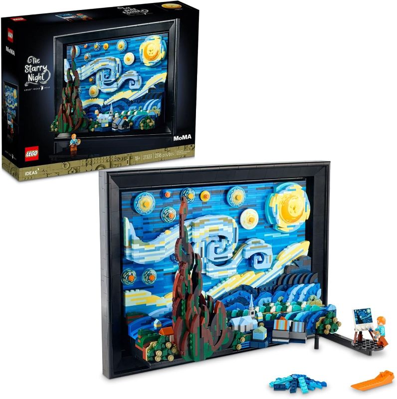 Photo 1 of LEGO Ideas Vincent Van Gogh La noche estrellada, arte de pared 3D único para decoración del hogar o exhibición de mesa con minifigura de artista, juego de manualidades de construcción creativa para