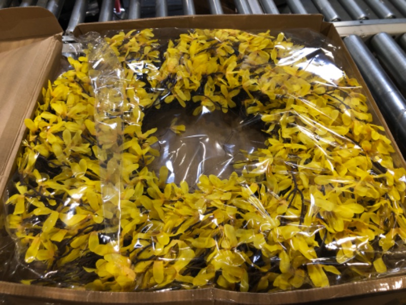 Photo 2 of 25 Inches Yellow Forsythia Flower Spring Wreath for Front Door, Summer Farmhouse Rustic Decor