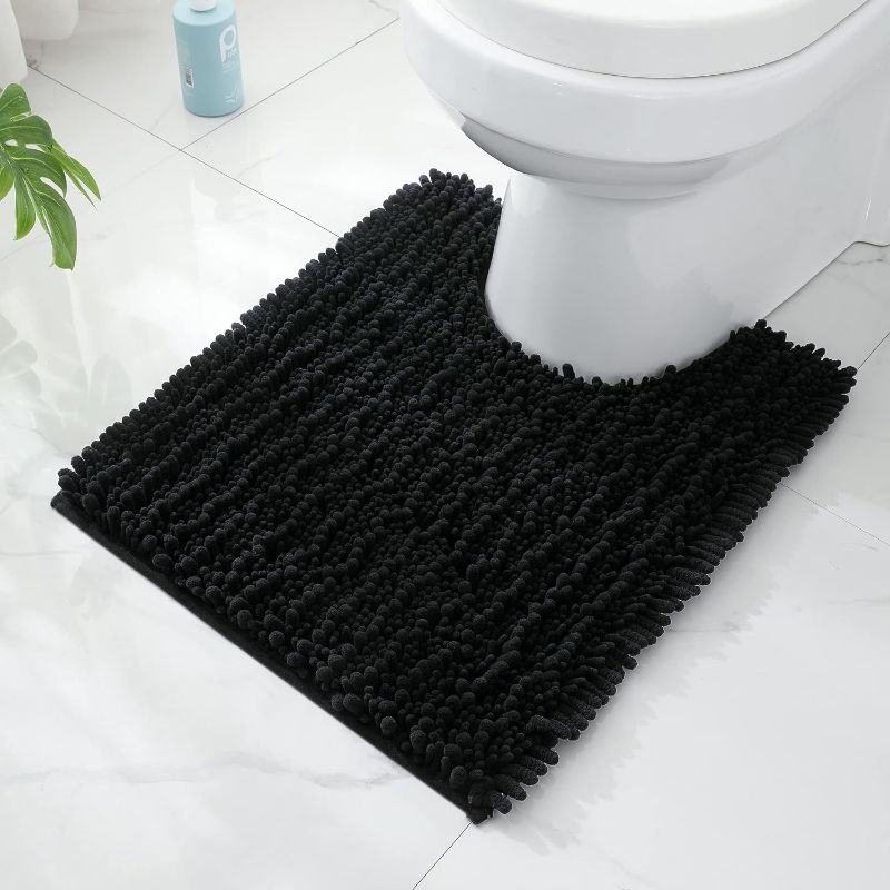 Photo 1 of  Luxury Toilet Rug, U-Shaped Shaggy Contour Mat for Bathroom, Super Absorbent Water, Non-Slip, Machine Washable, 24 X 20 Inches, Black