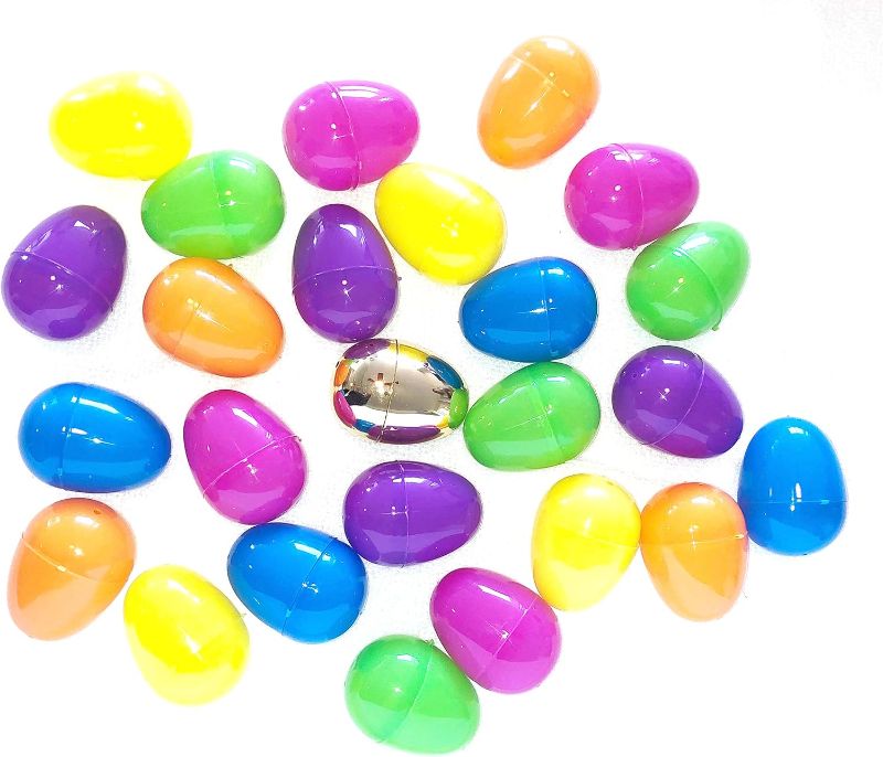 Photo 1 of 25 Fillable Plastic Easter Eggs Over 2" in Size with Bright Assorted Colors, Plus 1 Golden Egg for an Easter Egg Hunt/Easter Party