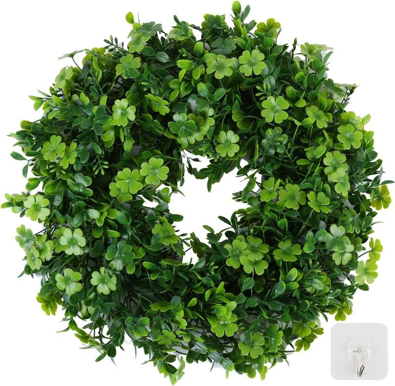 Photo 1 of 18" St Patricks Day Shamrock Wreath for Front Door,St Patrick Day Artificial Wreath Outdoor Decorations, Lucky Clover Spring Summer Greenery Hanging for Farmhouse Wall Window Indoor Porch Home Decor