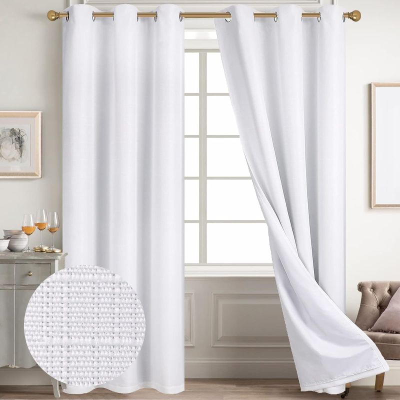 Photo 1 of  100% Blackout Curtains White Linen Curtains for Bedroom Grommet Thermal Insulated Room Darkening Drapes (2 Panels, W38 x L84 Inch)