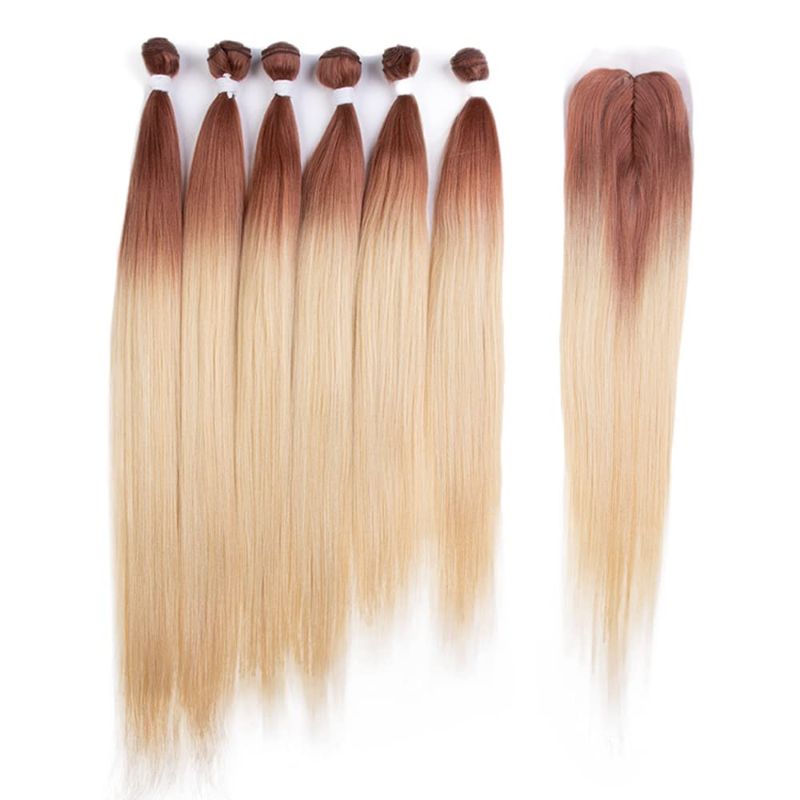 Photo 1 of DÉBUT Silky Straight Hair 6 Bundles with Simple Closure Gradient Blond, Heat Reasistant High Temperature Synthetic Fiber 7pcs for A Full Head Total 280g 3 Tones Color (20" 22" 24", Ombre Brown Blonde)