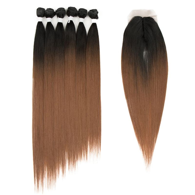 Photo 2 of DÉBUT Silky Straight Hair 6 Bundles with Simple Closure Gradient Blond, Heat Reasistant High Temperature Synthetic Fiber 7pcs for A Full Head Total 280g 3 Tones Color (20" 22" 24", Ombre Brown Blonde)