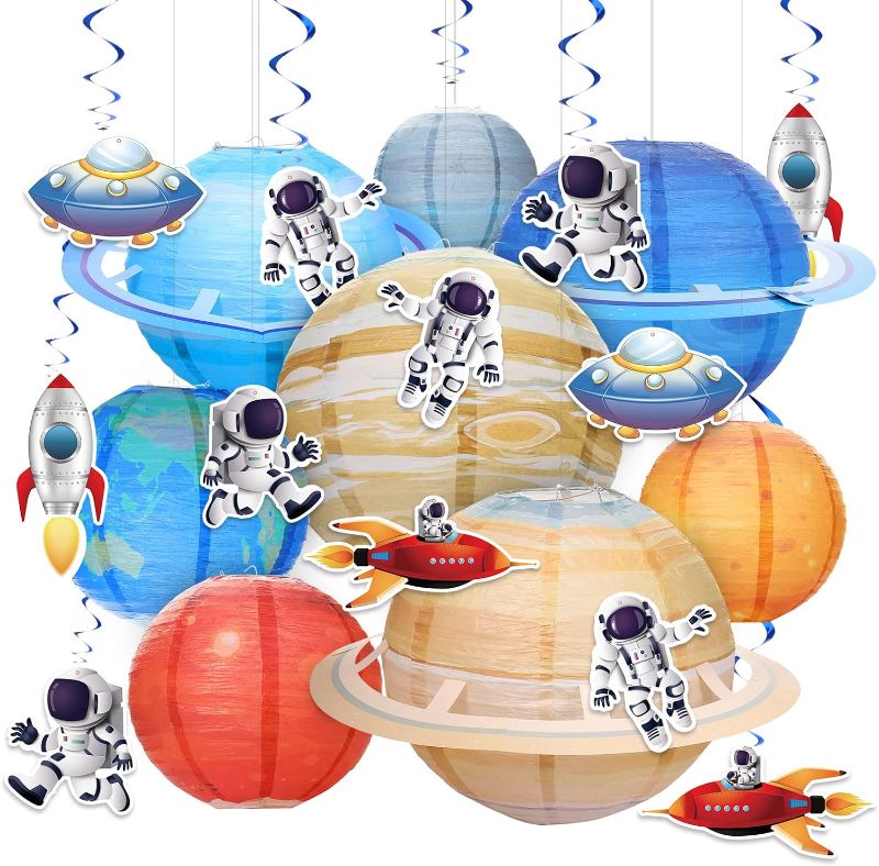 Photo 1 of 18 Pcs Planet Paper Lanterns Space Party Decorations, 8 Pcs Solar System Planets Lantern, 10 Pcs Spacecraft Astronauts Hanging Swirl for Kids Space Theme Party Birthday Room Decorations