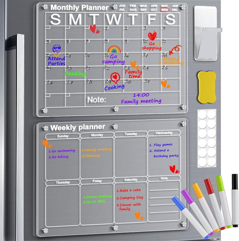 Photo 1 of Yirilan Acrylic Calendar for Fridge, 2 Set Clear Dry Erase Board for Refrigerator, 16"X12" Magnetic Calendar Includes 6 Colors Markers