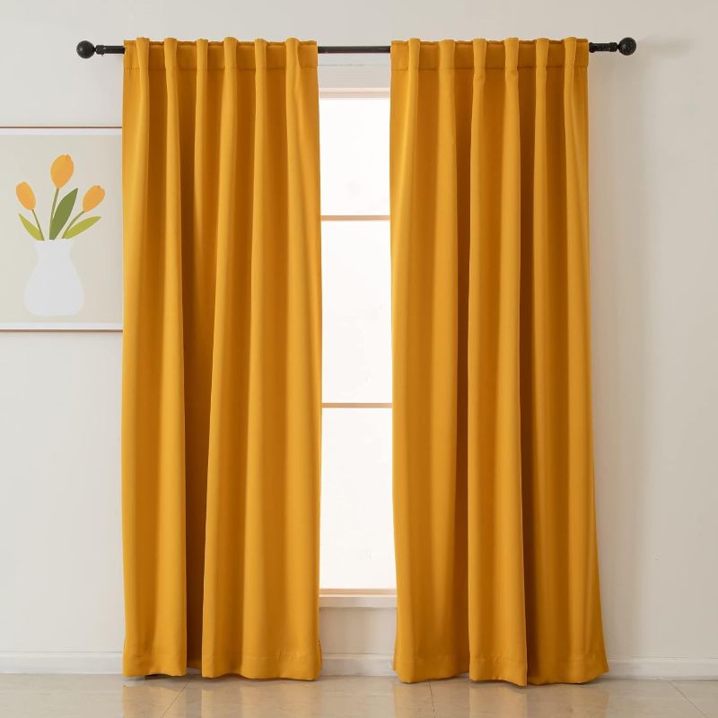 Photo 1 of Blackout Curtains 84 Inches Long 2 Panels, Black Out Drapes for Bedroom or Living Room, Back Tab and Rod Pocket Top, Set of Two, Mustard Yellow, 52" Wide and 84" Length.