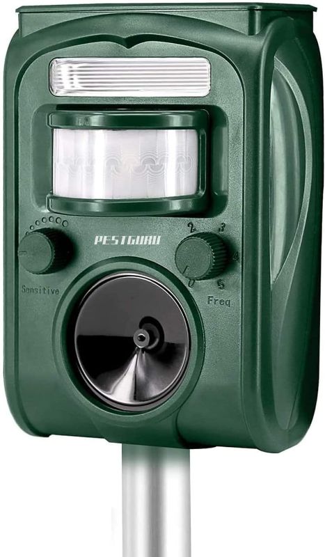 Photo 1 of Animal Repeller, 2022 Ultrasonic Mole Repellent, Rat, Squirrel, Deer, Raccoon, Skunk, Rabbit, Mole, Dog, Cat, Waterproof with Motion Detector, USB Rechargeable, Flashing Light (Green)