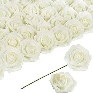 Photo 1 of 30pcs Glitter Roses Artificial Foam Rose Artificial Glitter Flowers with Stem, Foam Glitter Rose for Wedding Party Office Baby Shower Home Decoration(Ivory