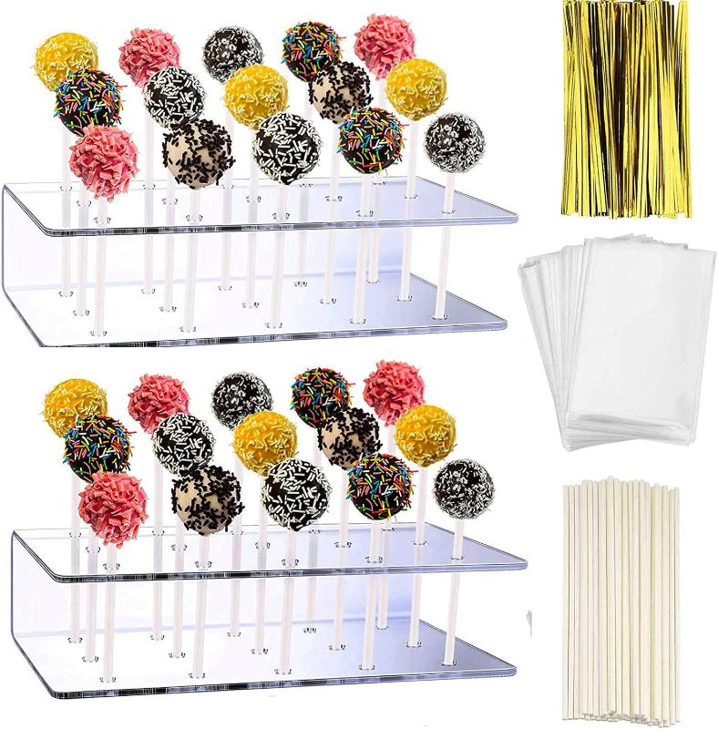 Photo 1 of 2 Pack Acrylic Lollipop Holder Cake Pop Stand 100PCS Clear Treats Bags 100PCS Lollipop Sticks and 100PCS Gold Metallic Twist Ties for Candy Cake Pop Sticks Making Tools (2)