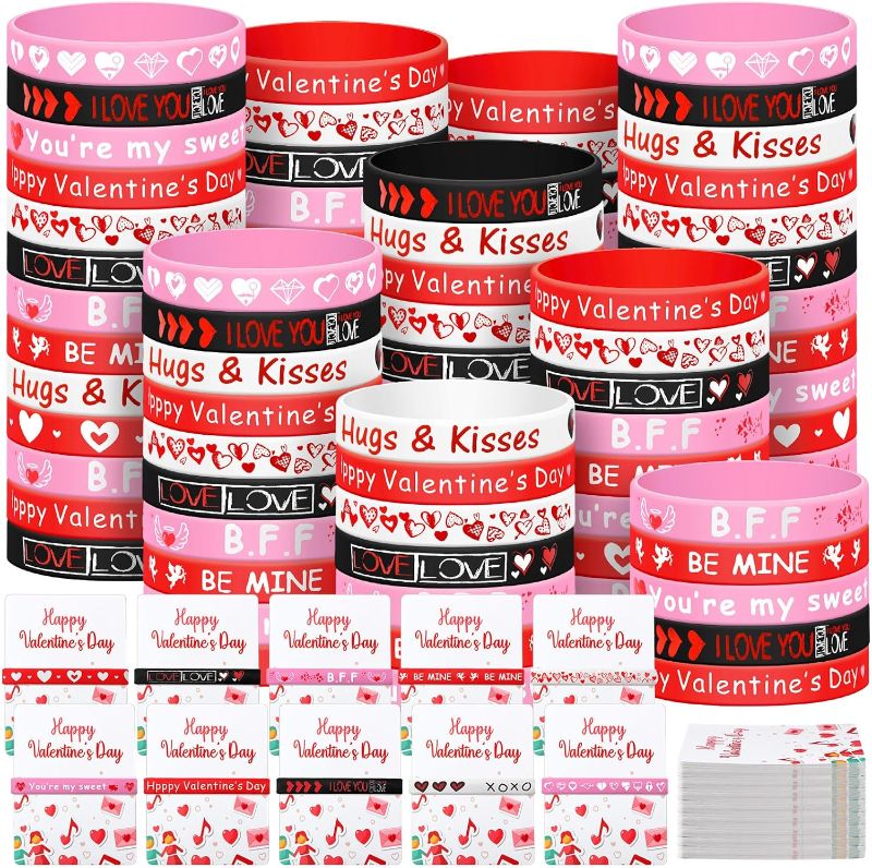 Photo 1 of 100 Set Valentine Bracelets for Kids with Cards Valentine's Day Silicone Wristband Rubber Bracelets Set Valentines Day Cards Bulk for Kids School Class Gifts Prizes Party Supplies