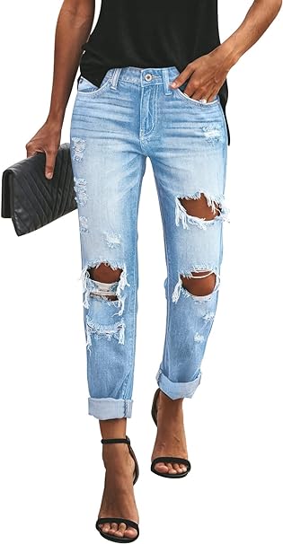 Photo 1 of KUNMI Women's Ripped Mid Waisted Boyfriend Jeans Loose Fit Distressed Stretchy Denim Pants