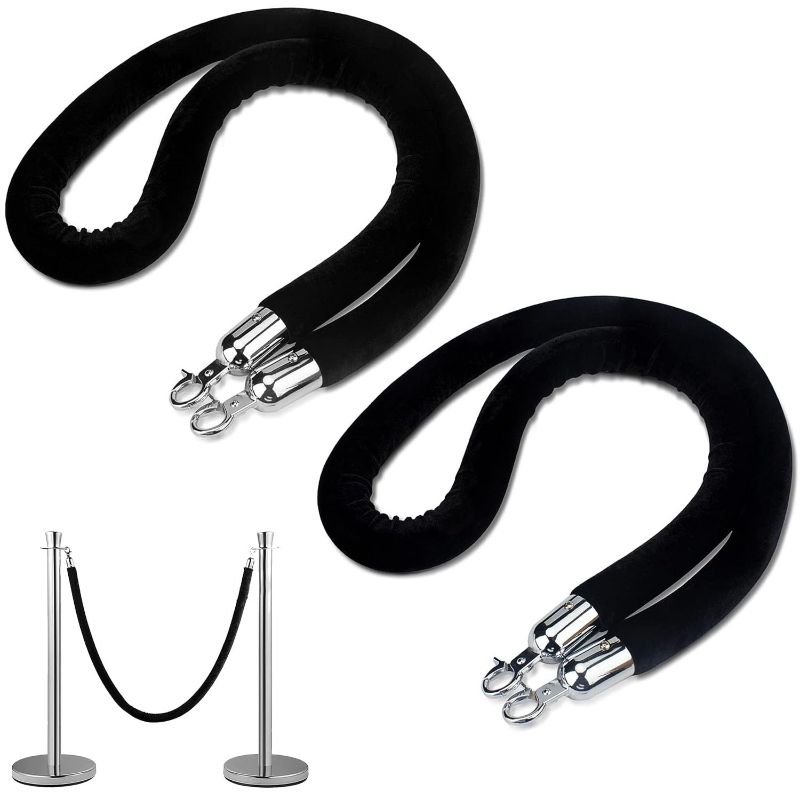 Photo 1 of ***COLOR BLUE*** 2 pcs Black Velvet Stanchion Rope, 5 Feet Crowd Control Safety Barriers with Polished Silver Hooks, Thick Stanchion Queue Barrier Rope for Carpet Events Movie Theaters Grand Openings