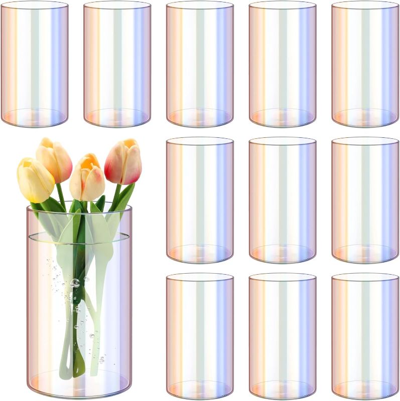 Photo 1 of 12 Pcs Iridescent Glass Cylinder Vase 6 Inch Tall Clear Vases Hurricane Candle Holders Flower Glass Vases for Wedding Centerpieces Home Office Decor Birthday Gift