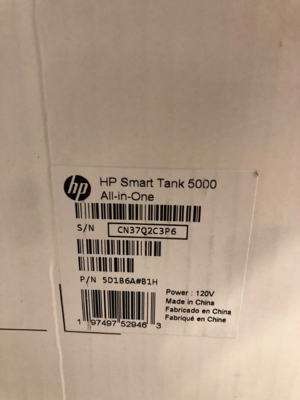 Photo 1 of HP Smart Tank 5000 Wireless All-in-One Ink Tank Printer with up to 2 years of ink included, mobile print, scan, copy, white, 17.11 x 14.23 x 6.19